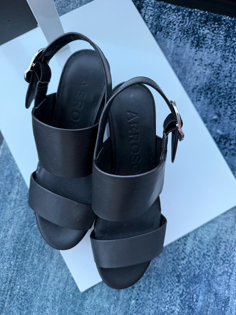 AEROSOLES Black Wide-Strap Slingback Sandals with Buckle